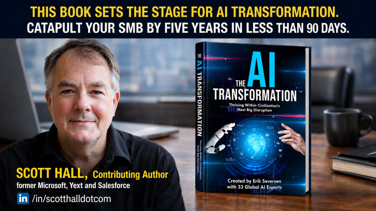 The AI Transformation book cover alongside a photo of contributing author Scott Hall, former Microsoft, Yext and Salesforce